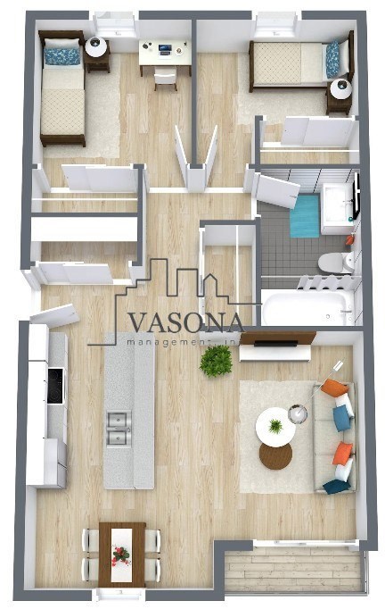 Floor plan for 2 beds, 1 bath, 750 sqft